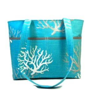 Aqua Tote Purse, Womens Shoulder Bag, Medium Tote Bag, Coral Print Purse, Fabric